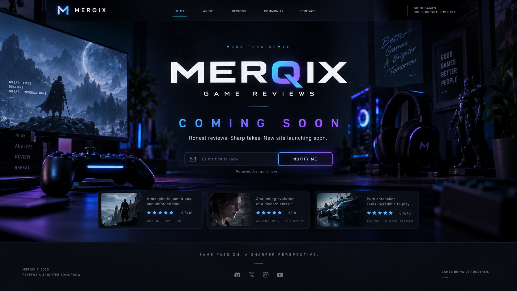 Merqix game reviews. Coming soon. Honest reviews. Sharp takes. New site launching soon. A gaming desk illuminated in blue and purple.